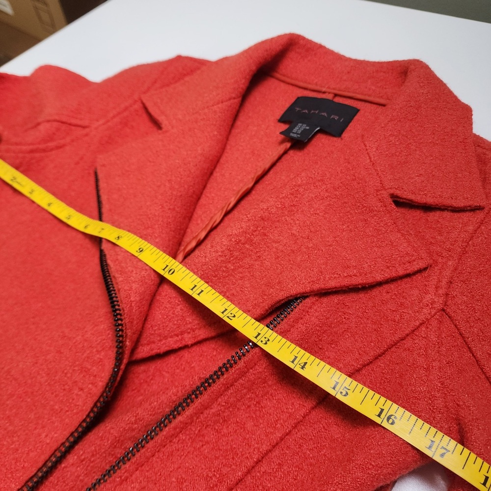 Tahari Womens Boiled Wool Moto Style Jacket Size XS Orange Asymmetrical Zip - Picture 7 of 13